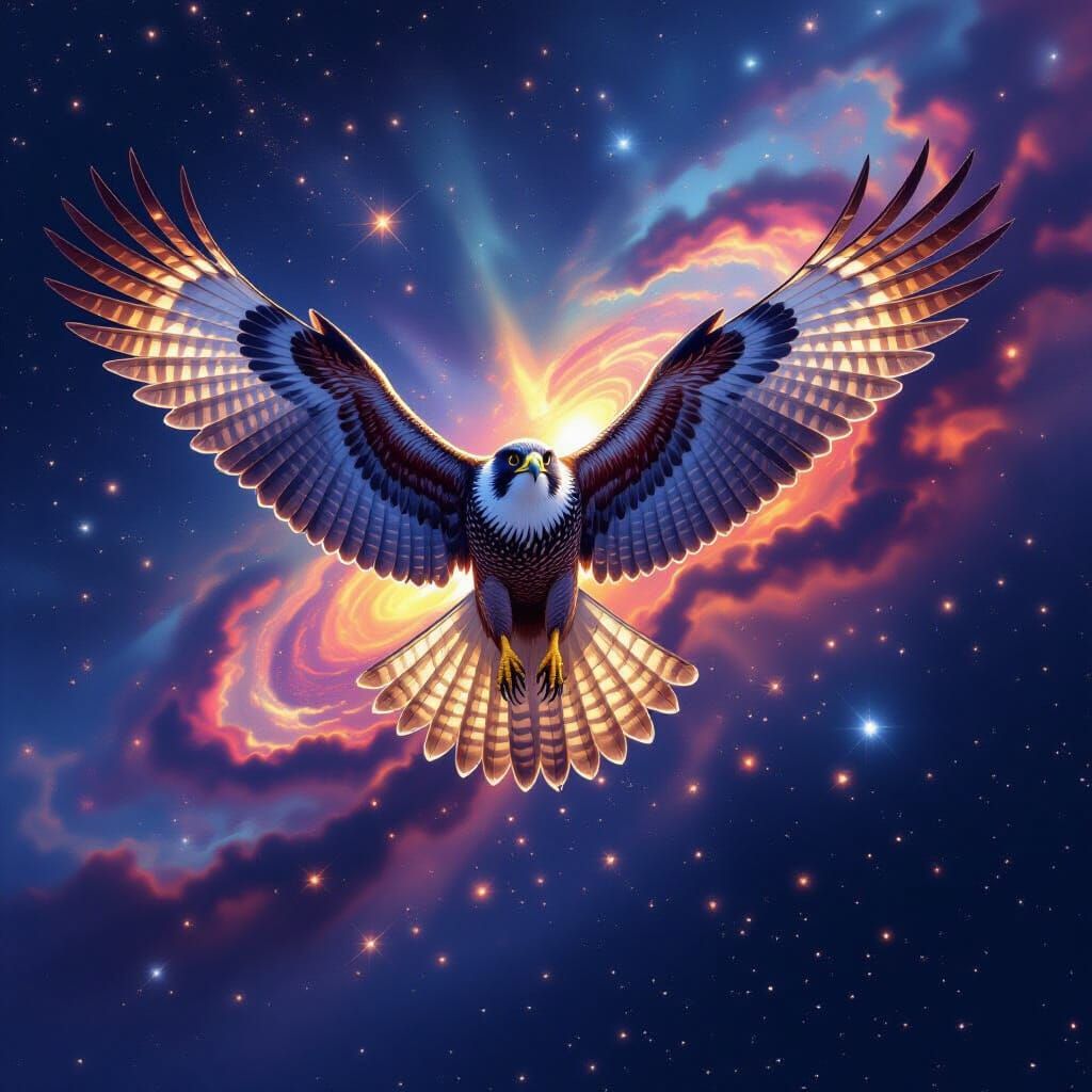 Cosmic Falcon Soaring Through Nebula