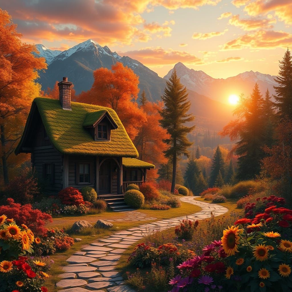 Autumn Cottage in Majestic Mountains at Sunset