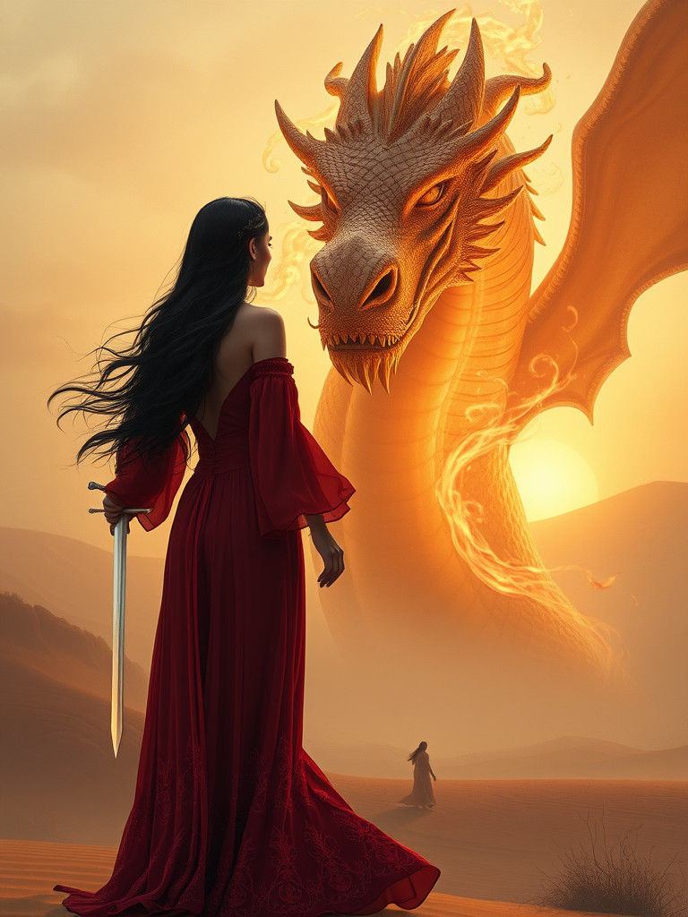 Woman and Dragon in Desert Landscape