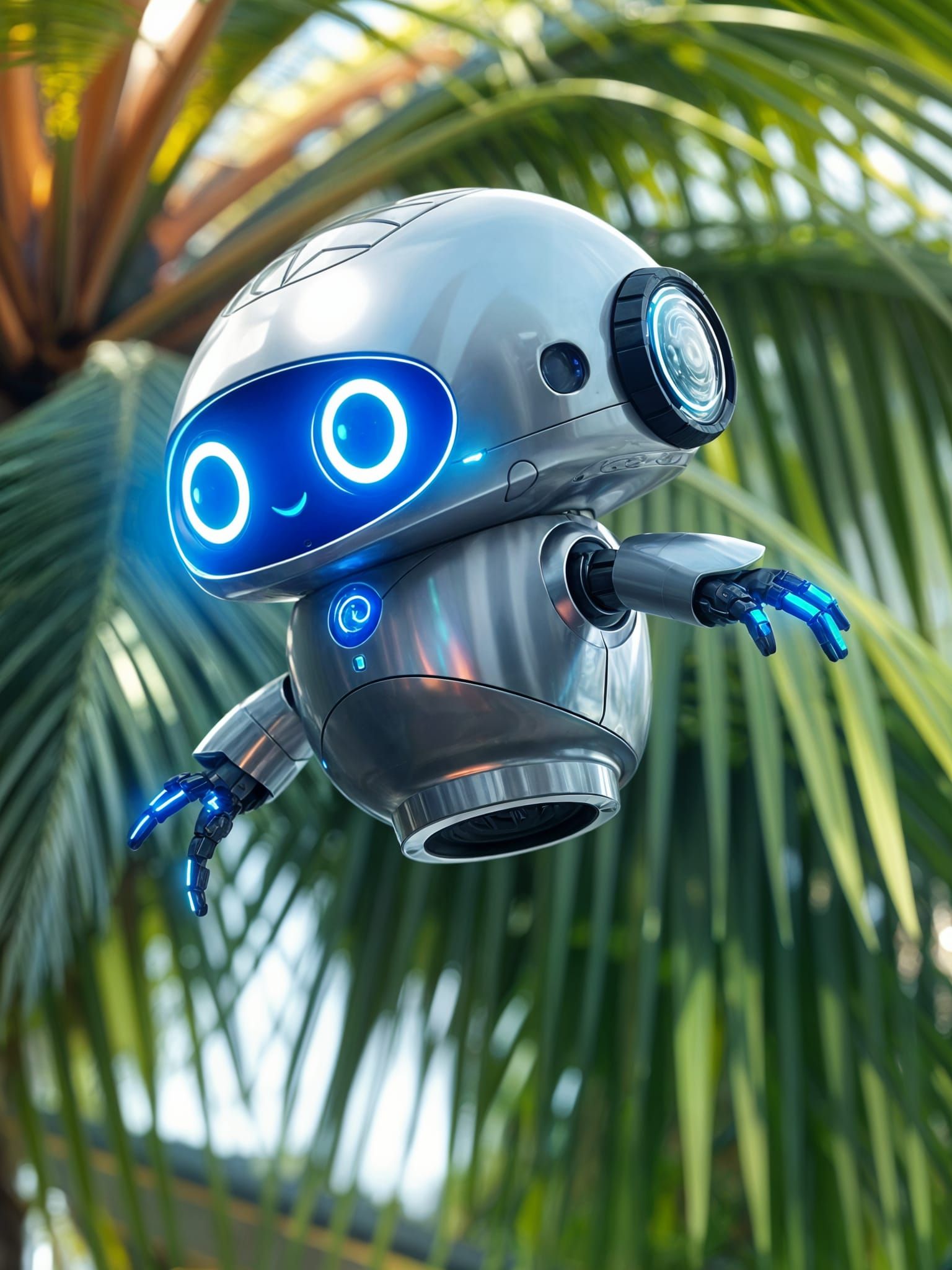 Hovering Metallic Robot Companion with LED Eyes
