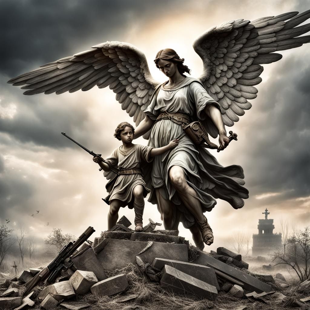 Guardian Angel Protecting Child on Battlefield