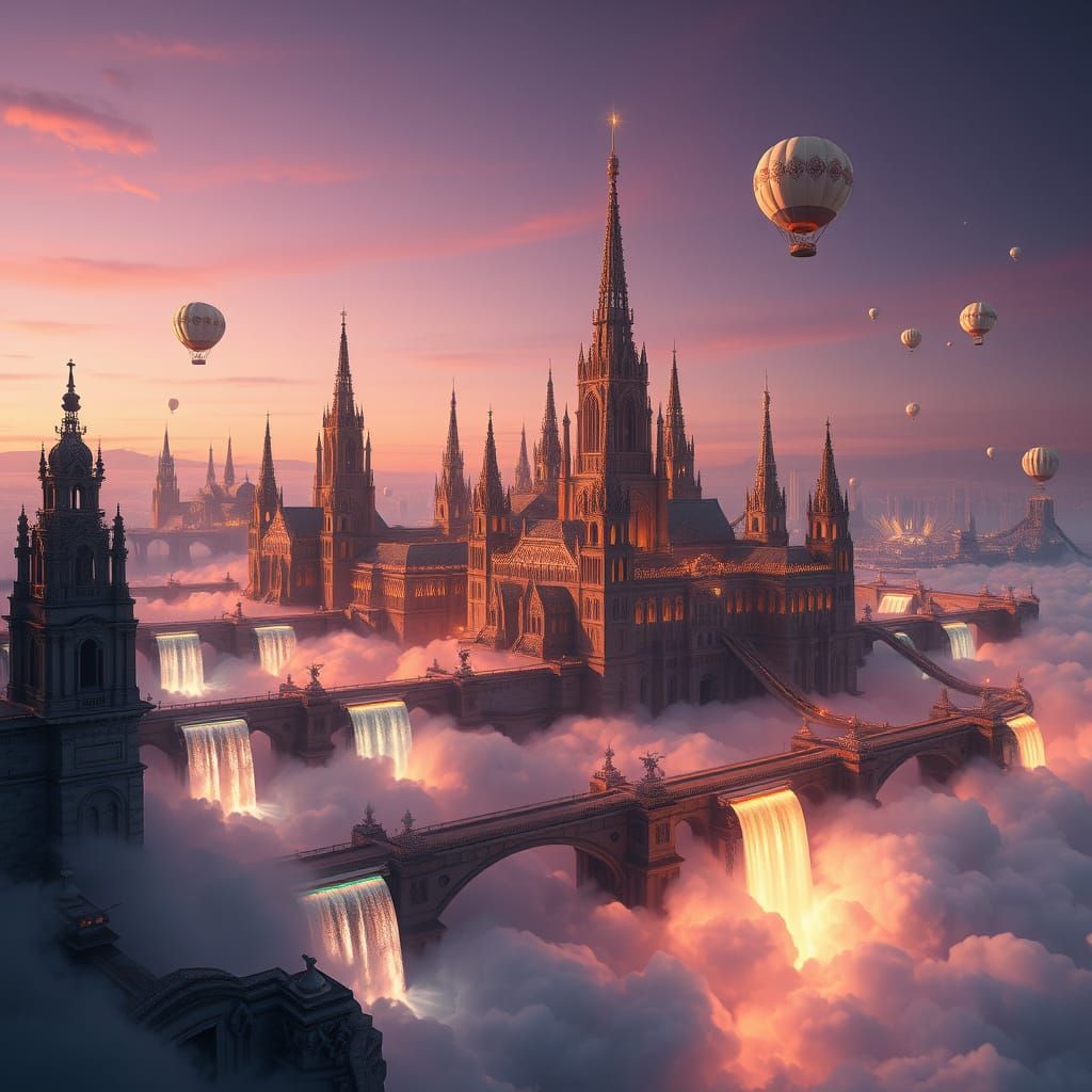 Floating Fantasy Cityscape at Dual Sunset