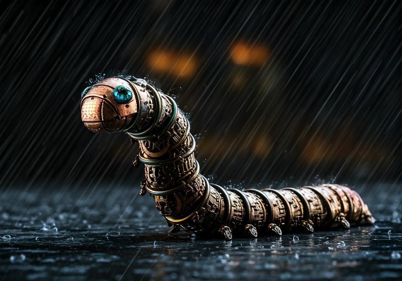 Rainbow Robotic Inchworm in Steampunk Cityscape