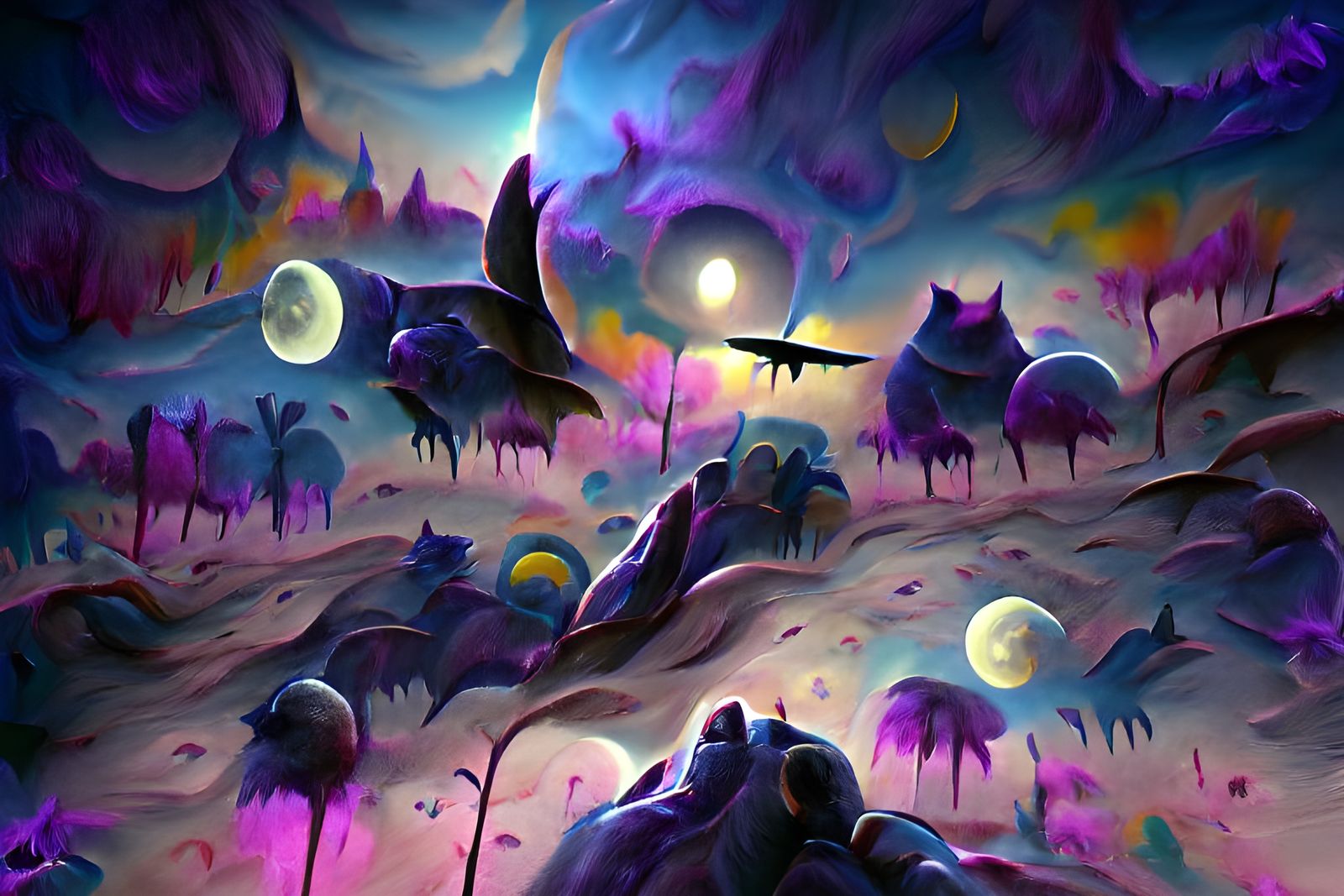 Purple Desert Moonscape with Bats, Watercolor Art