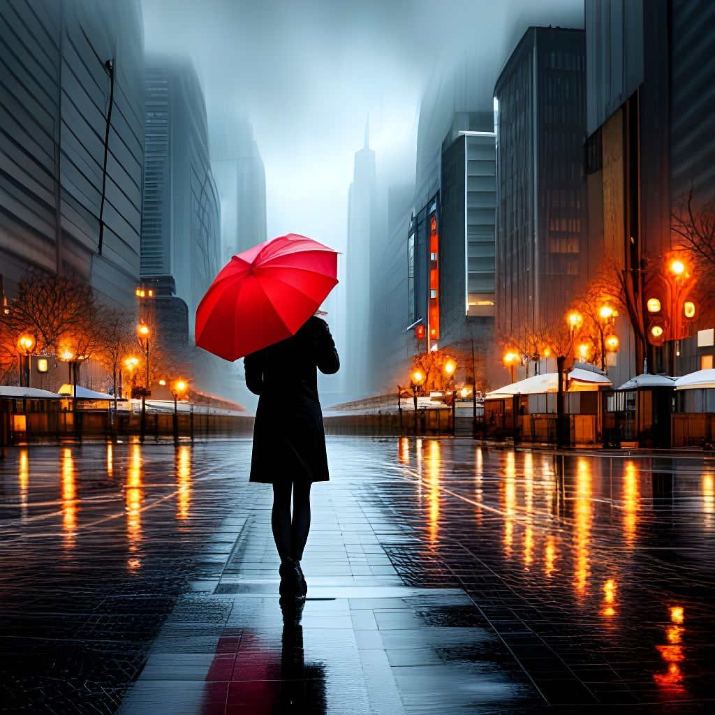 Girl in Rain with Umbrella: Cinematic City Scene