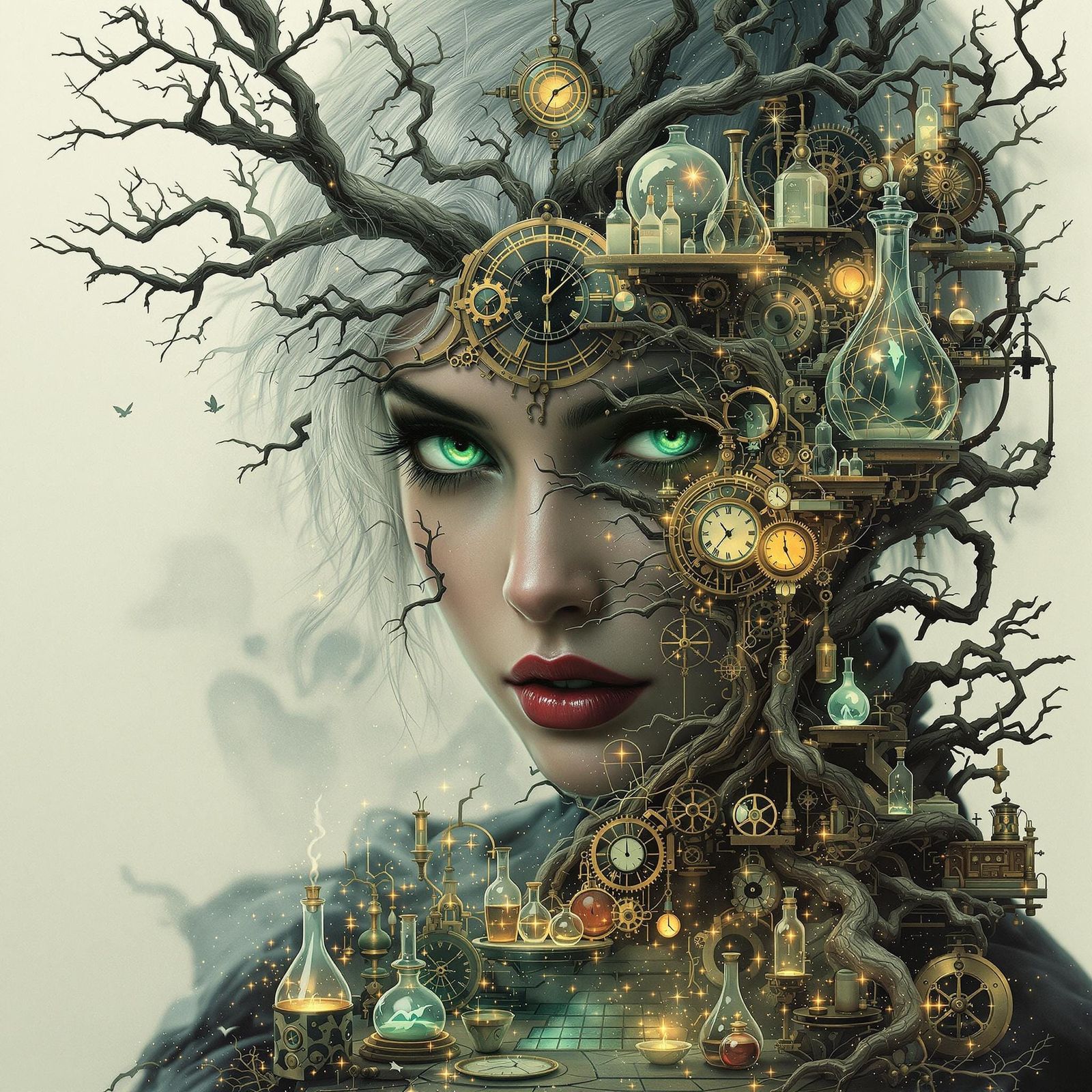 Gothic Samurai in Steampunk Laboratory, Art Nouveau Style