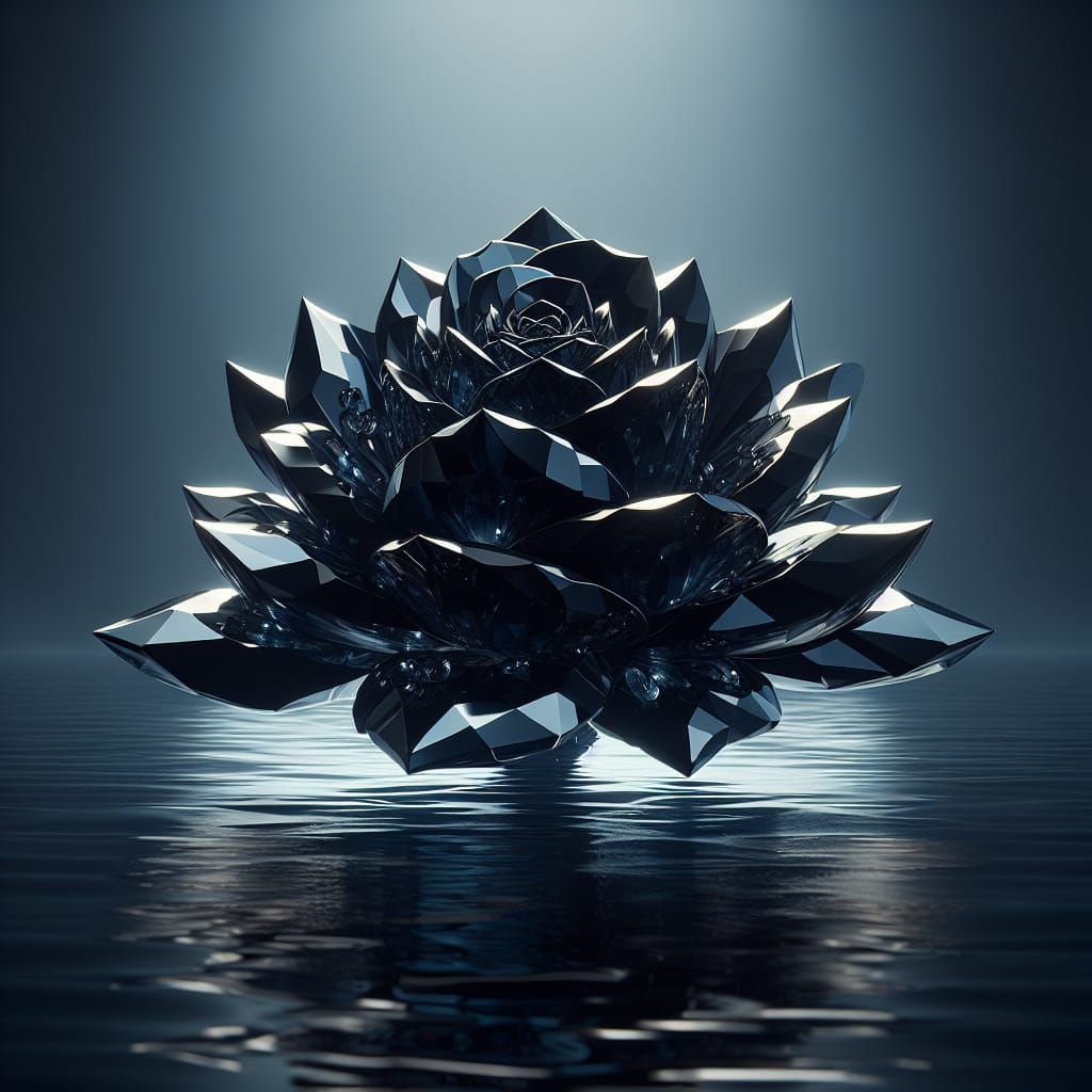 Black Crystal Rose Floating on Water: 3D Digital Art