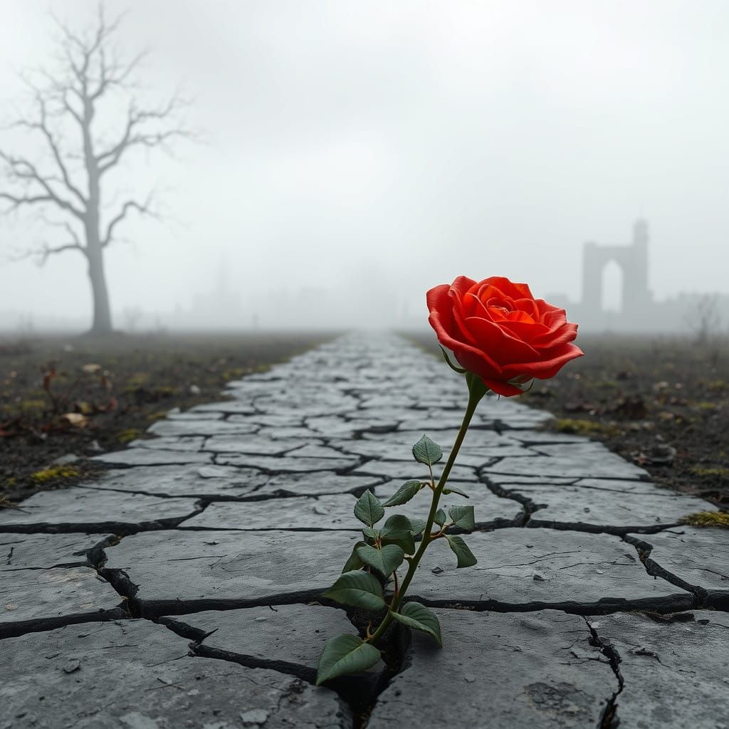 Hyper-Realistic Rose Defies Desolate Landscape in Vibrant, D...
