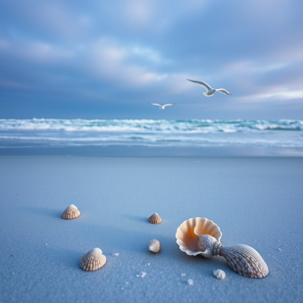 Winter Beach with Seashells: Minimalist Soft Focus