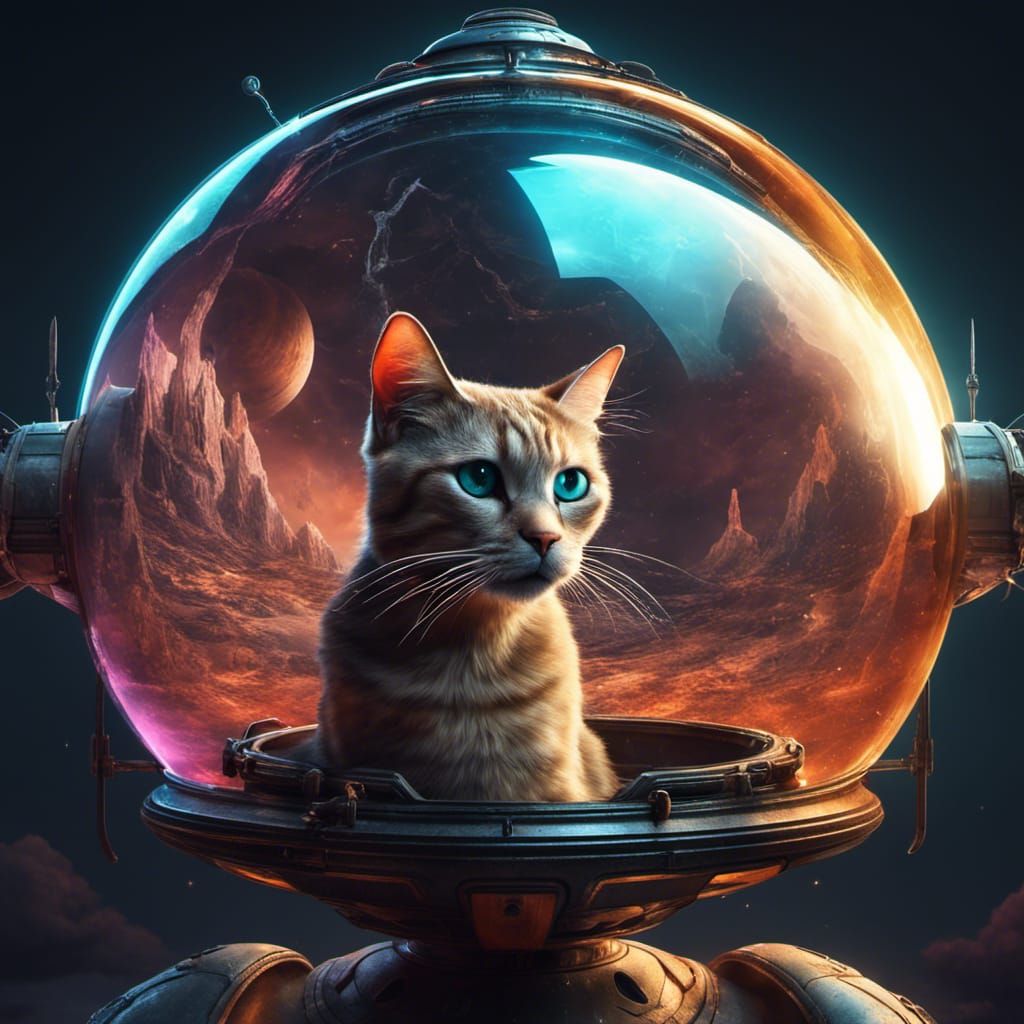 Cat Piloting UFO Saucer in Maximalist Style
