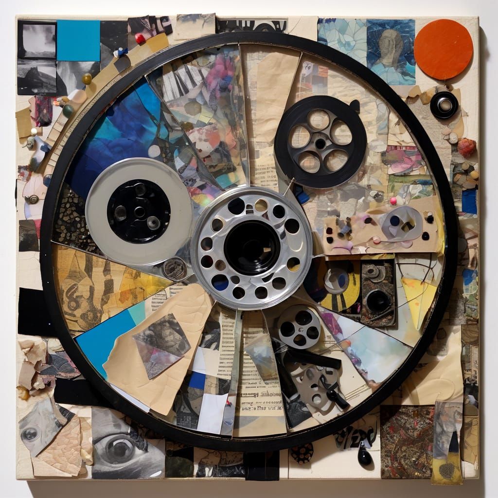 Hand-Drawn Film Reel with Mixed-Media Collage