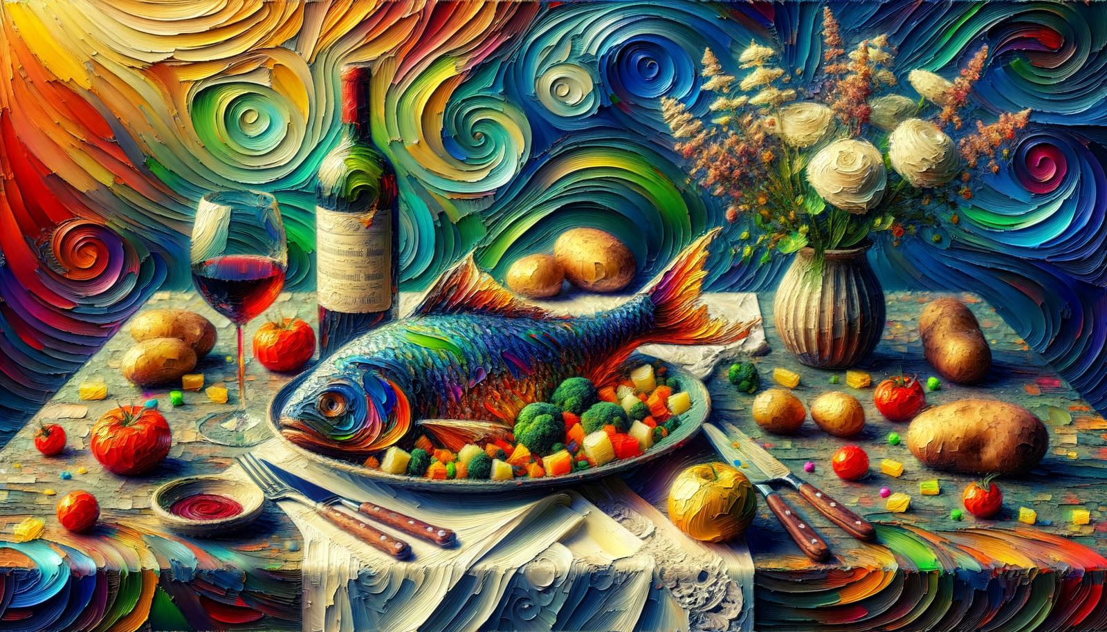 Iridescent Fish Still Life in Neo-Impressionist Style