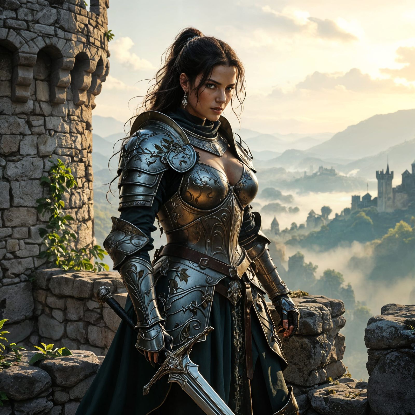 Medieval Warrior Guarding Misty Valley in Fantasy Art Style