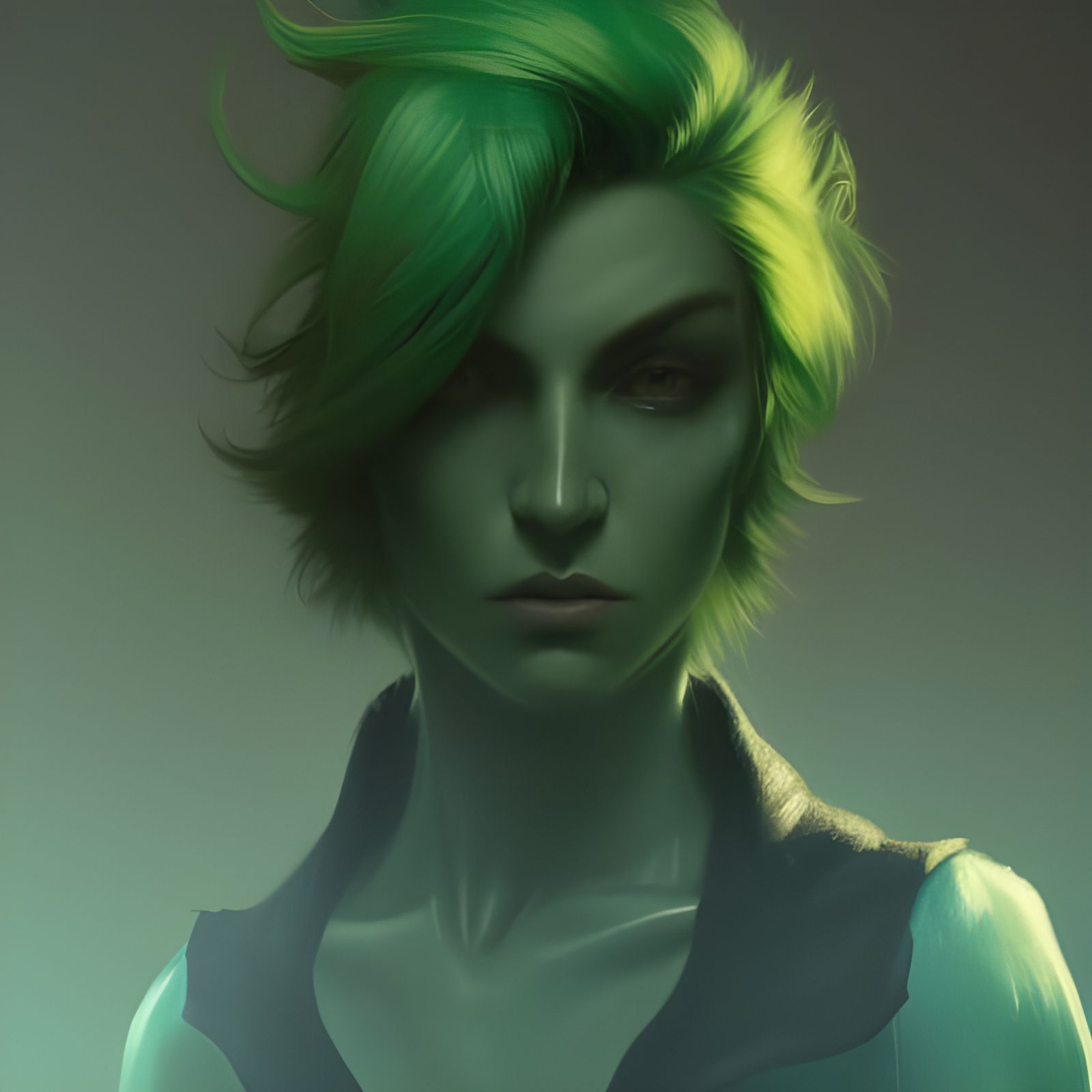 Androgynous Green-Haired Character in Dark Fantasy Style