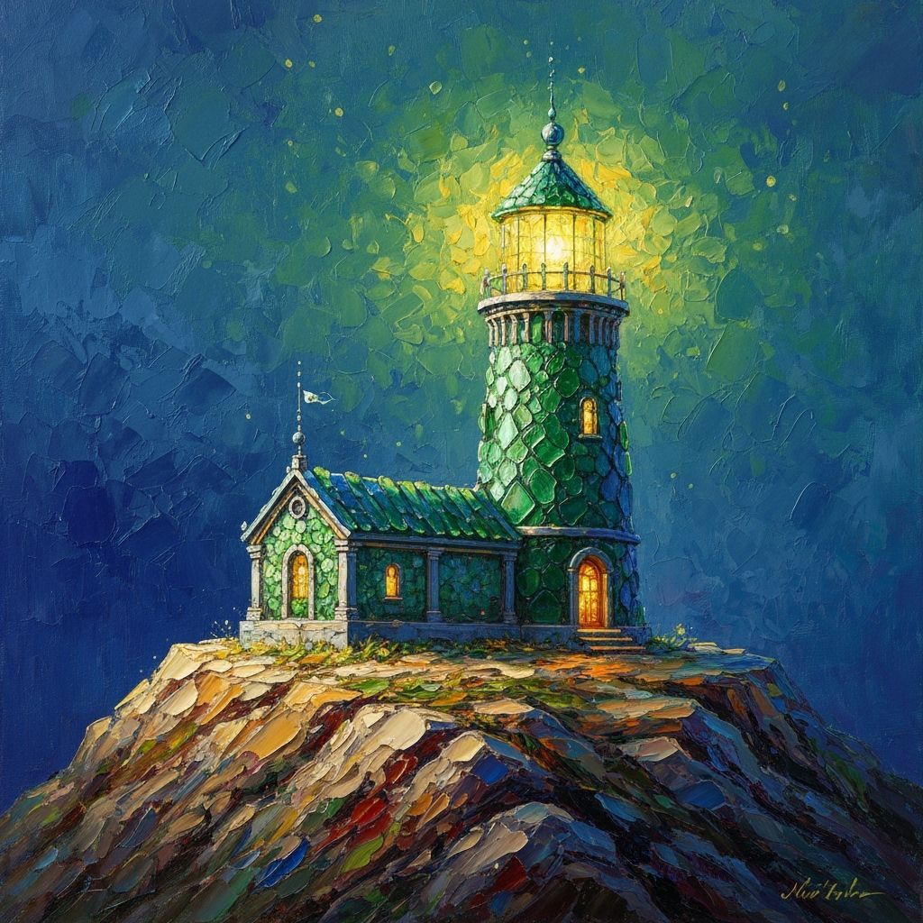Glowing Emerald Sea Glass Lighthouse in Textured Impasto Sty...