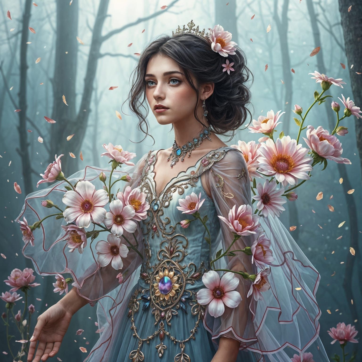 Ethereal Goddess in Whimsical Floral Realm