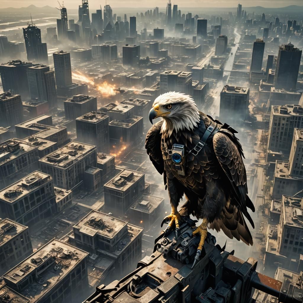 Cybernetic Eagle Scouting Post-Apocalyptic Cityscape