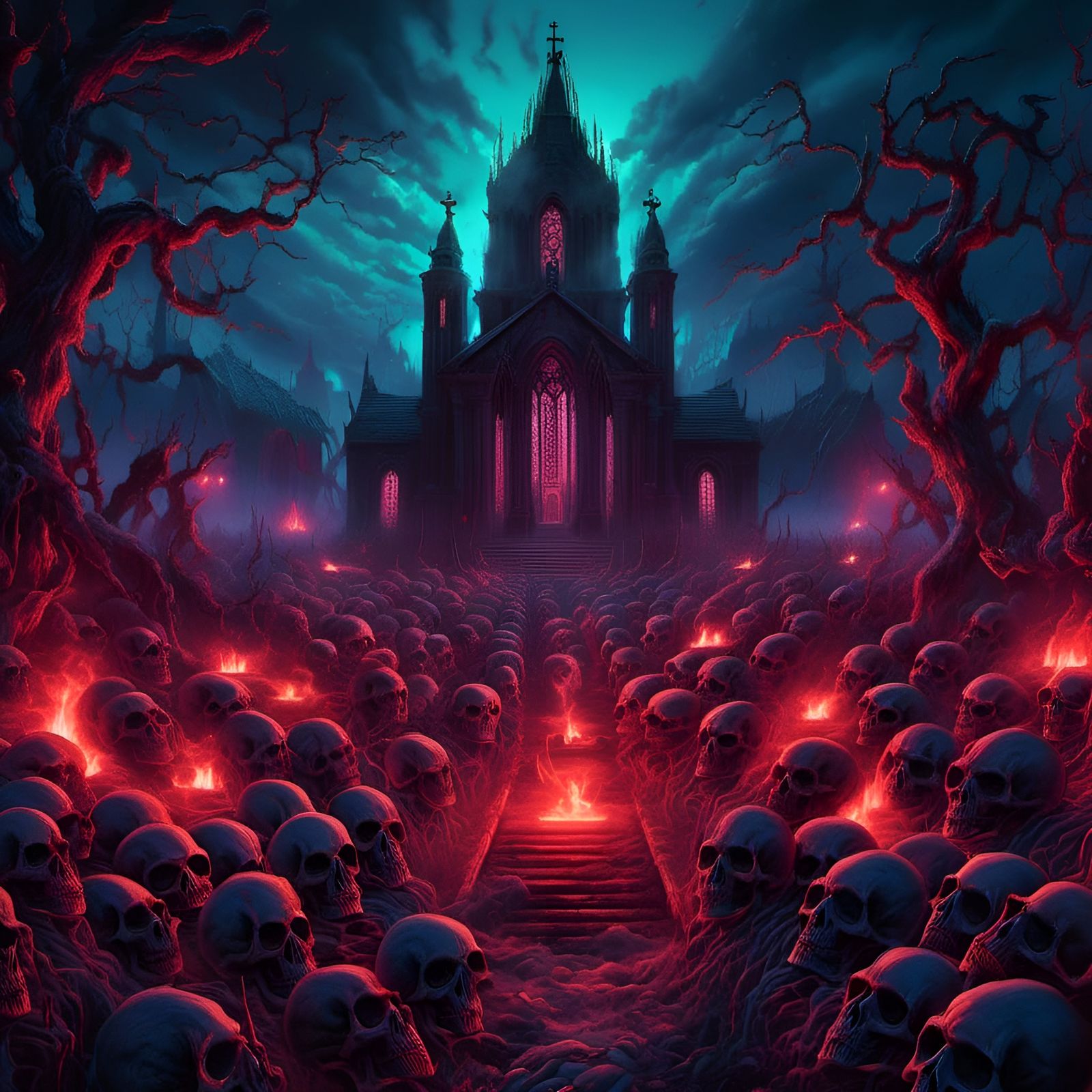Retrowave Graveyard Scene with Church, Dan Mumford Style