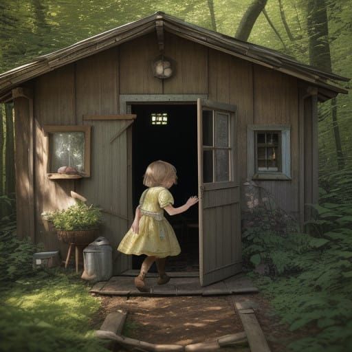 Child Plays in Forest Shade Among Whimsical Cats