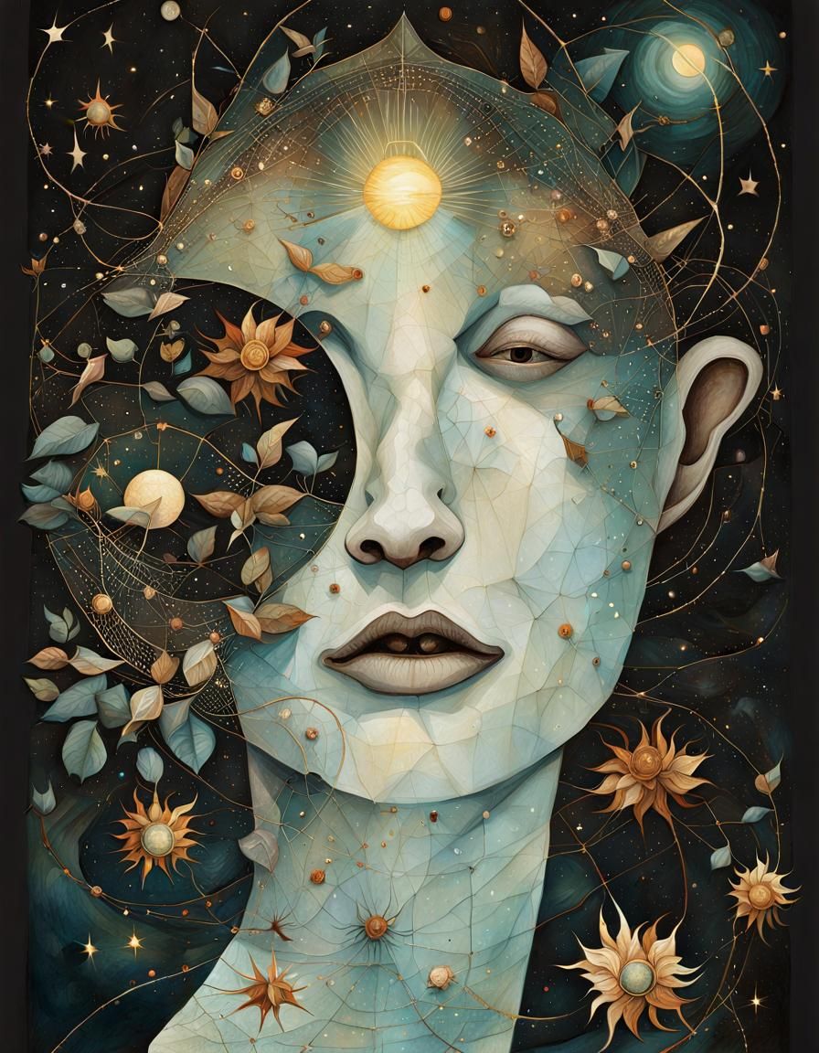 Abstract Woman Portrait with Flowers, in Textile Art Style