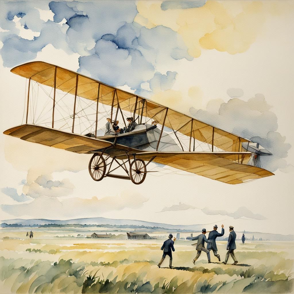Wright Brothers' First Flight in Watercolor Style