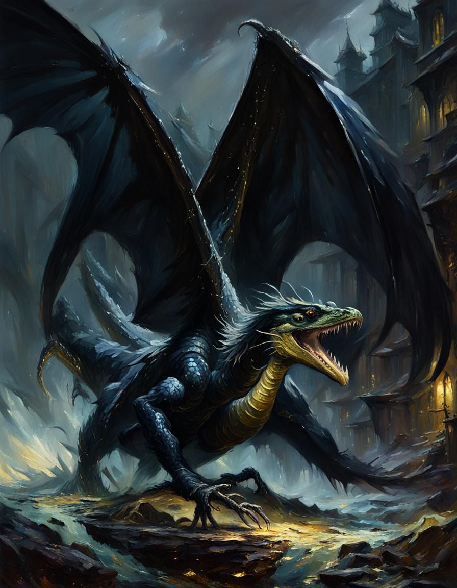 Black Winged Drake with Rider: Ominous Action Painting