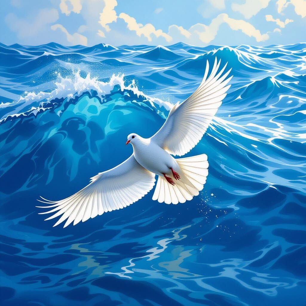Dove Flying Over Turbulent Ocean with Dramatic Lighting