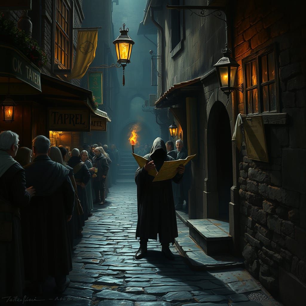 Medieval Alleyway Scene with Cloaked Figure and Torchlight