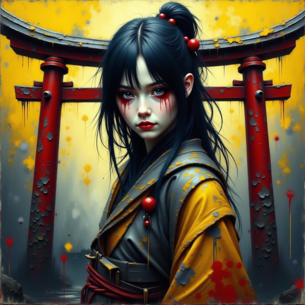 Young Female Ninja by Red Torii Gate in Limited Colors