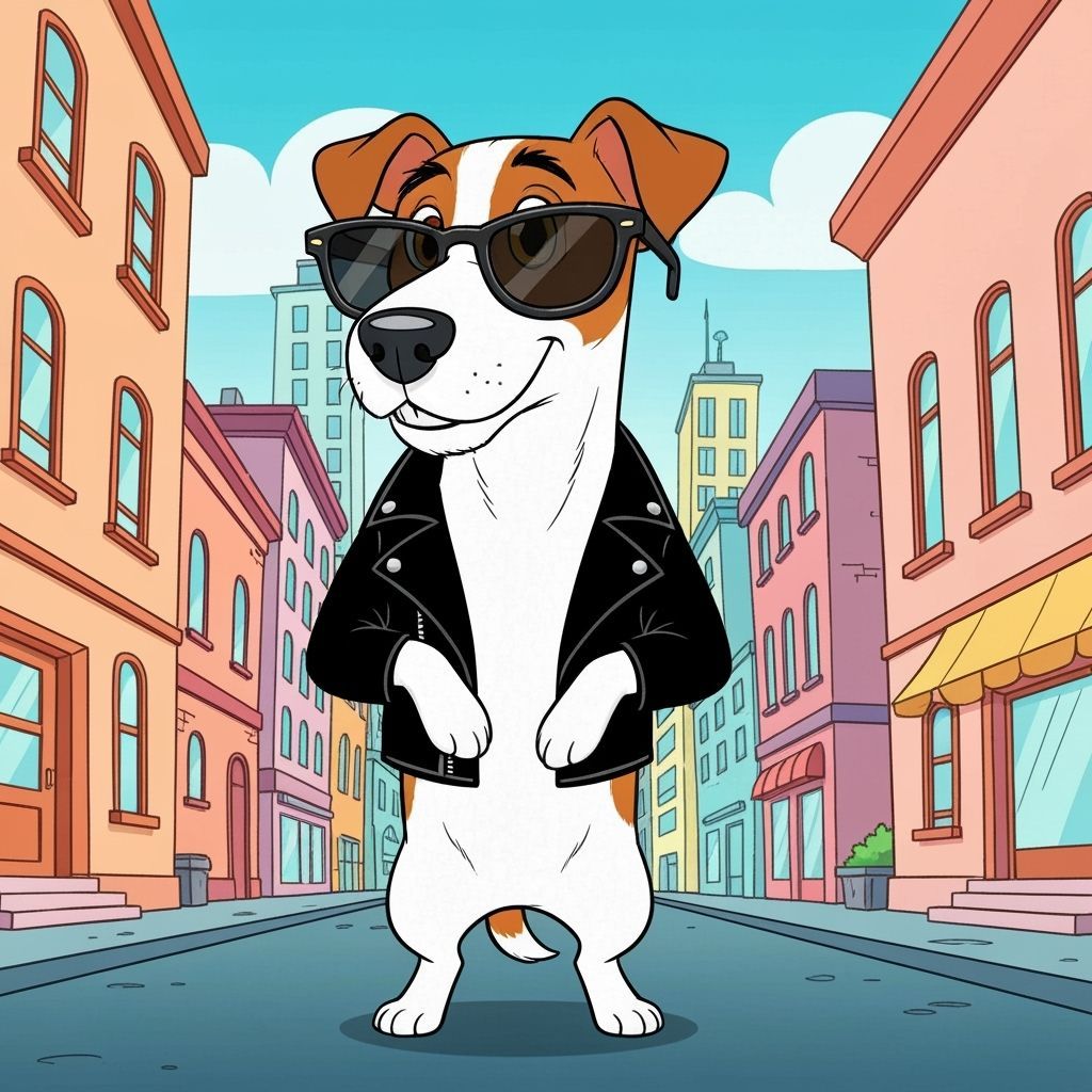 Stylish Cartoon Dog in Cityscape