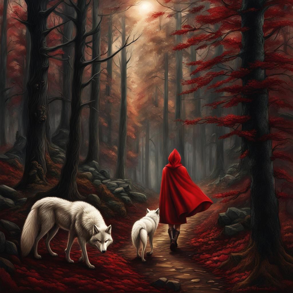 Little Red Riding Hood and Wolf in Woods
