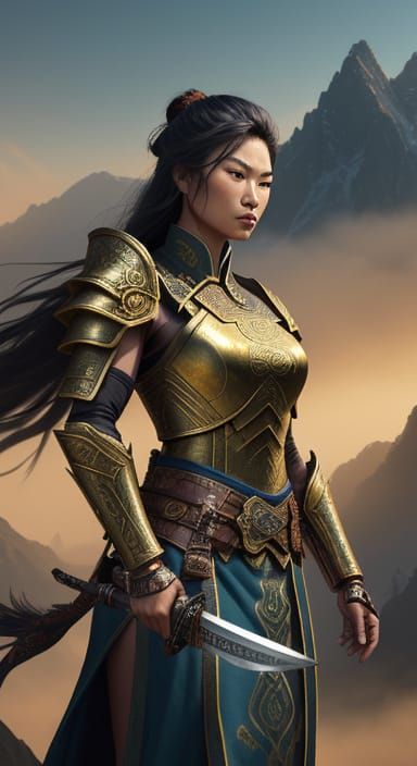 Asian Warrior in War-Torn Valley: Fantasy Art