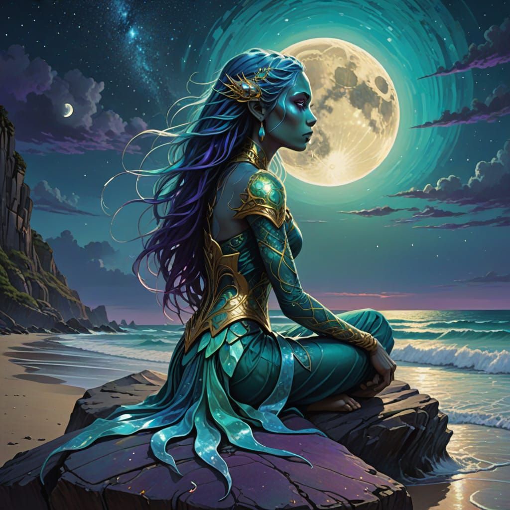 Ethereal Sea Elf Goddess Rises with the Moon
