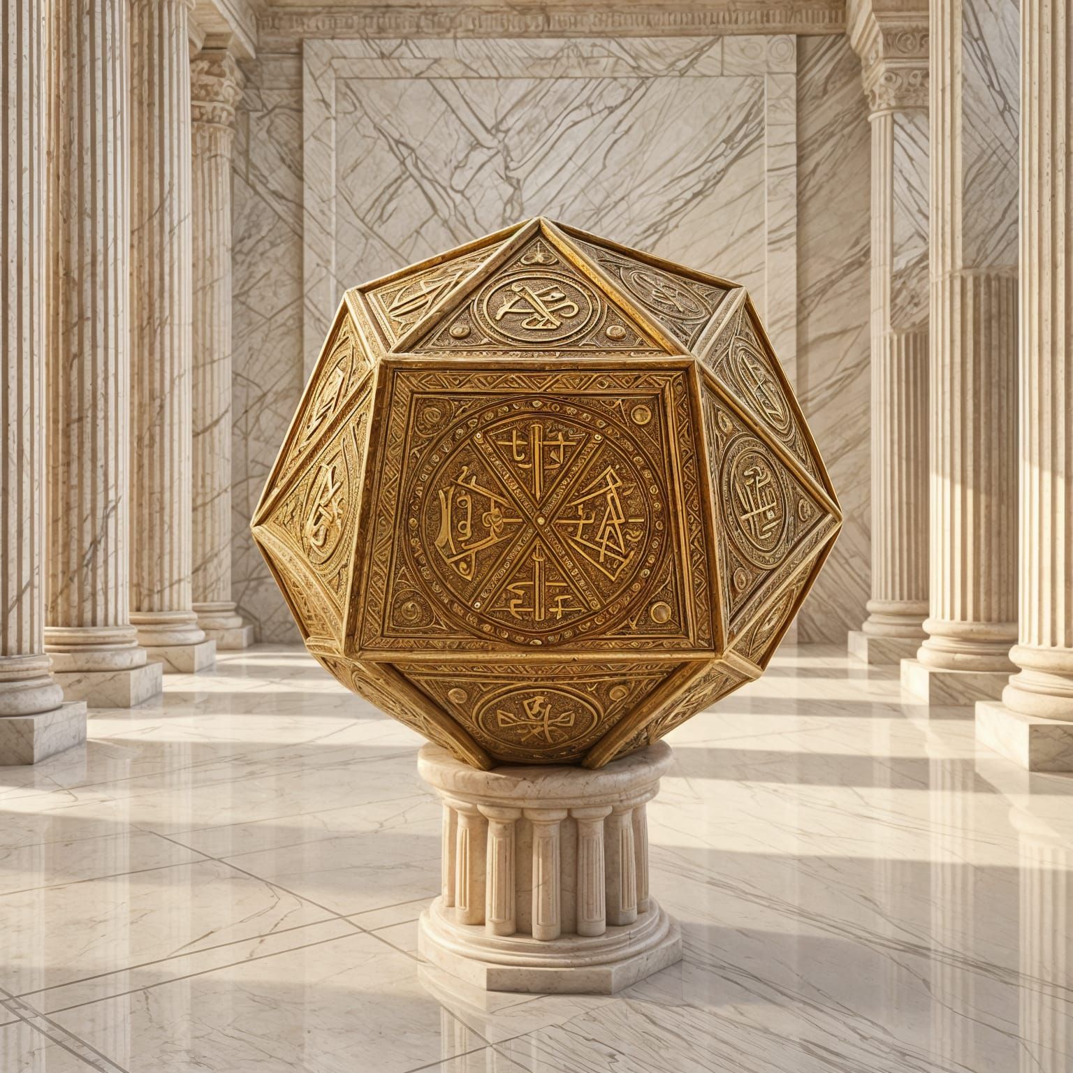 Golden Dodecahedron on Marble Pillar in Ancient Roman Settin...