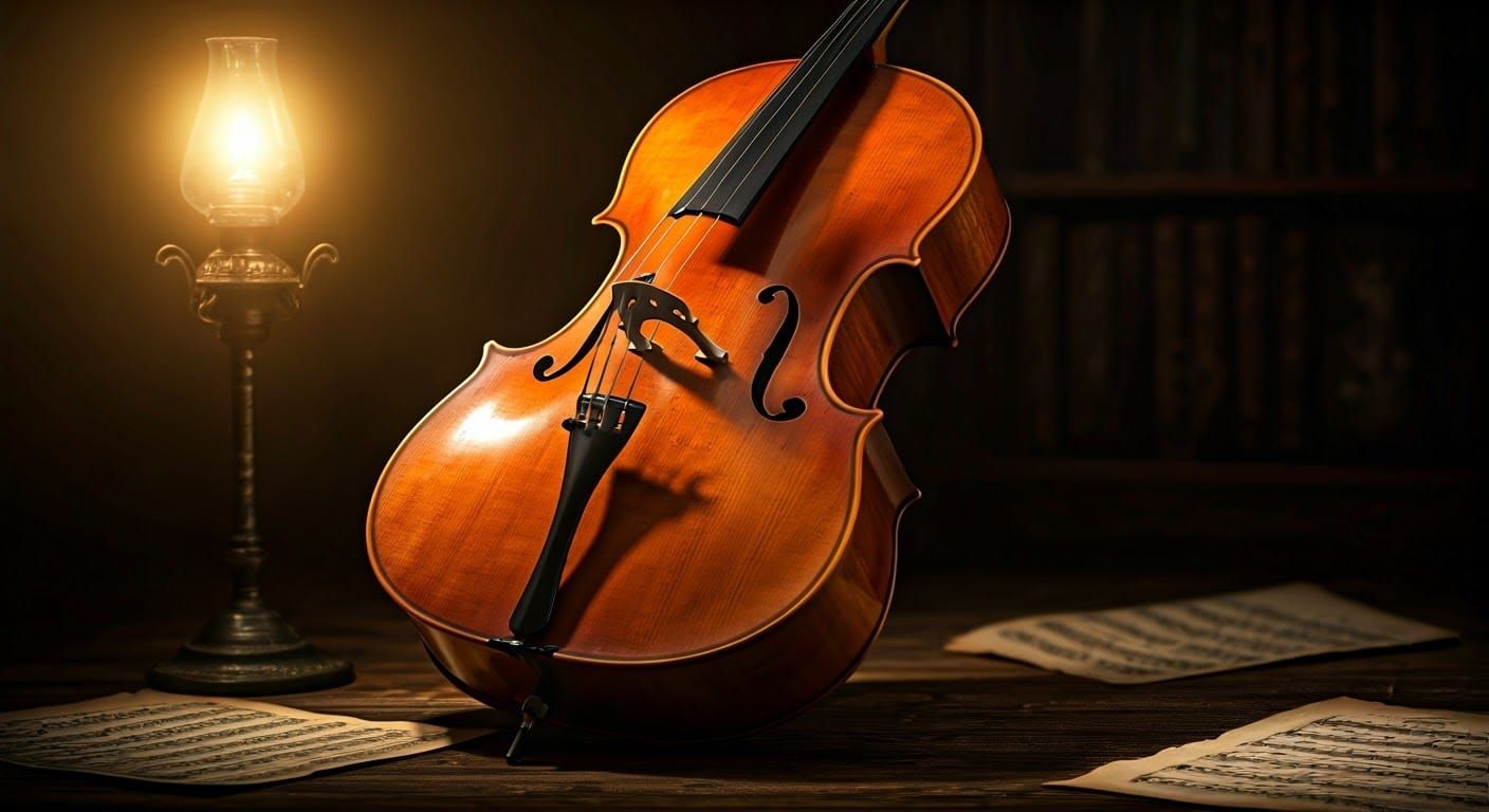 Ornate Cello in Dimly Lit Room