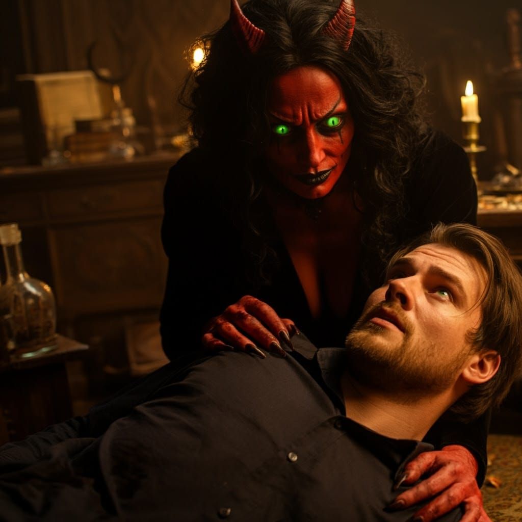 The Devil Woman Looms Over a Mortal in a Darkened Room