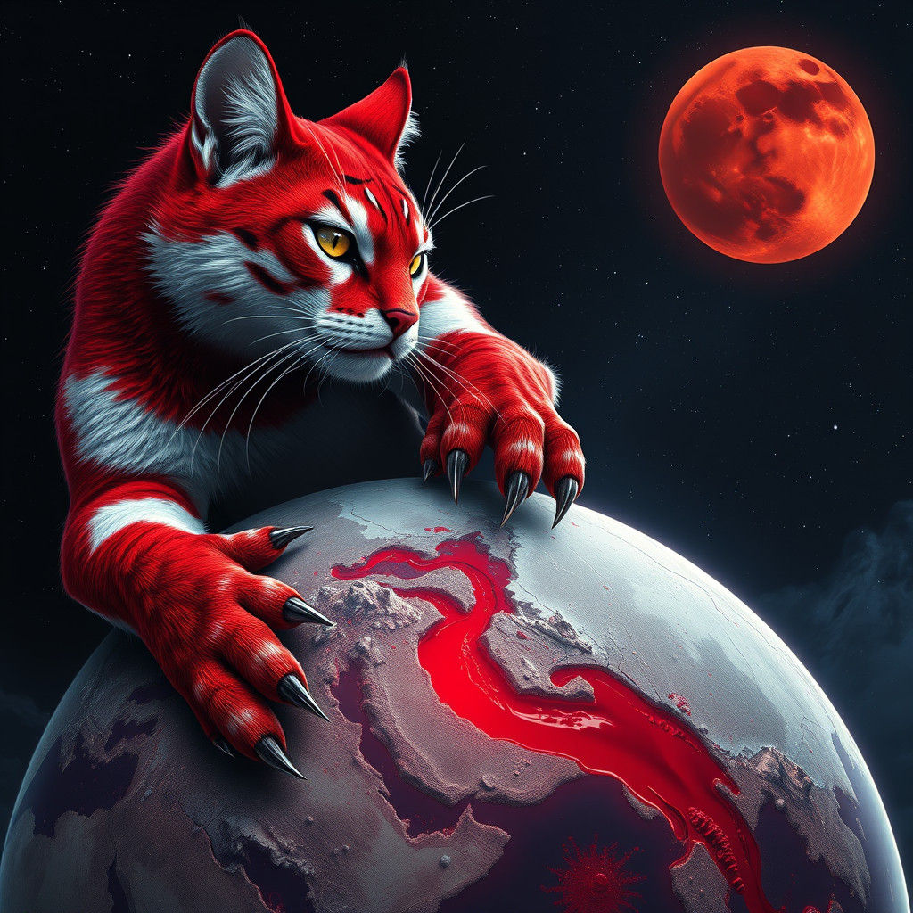 Cat Hugs Earth with Mars in the Sky