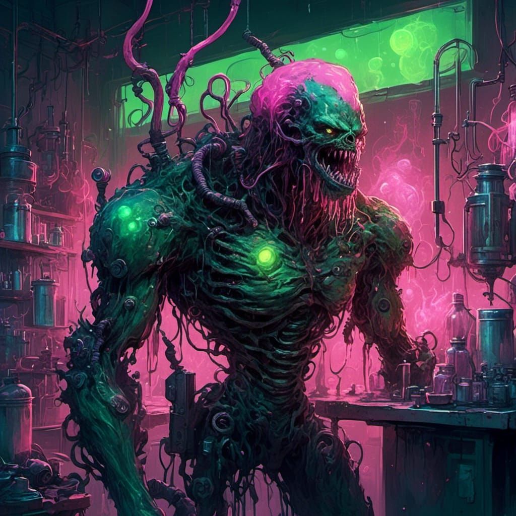 <lora:Nightmare:1.0> 
Background a laboratory with laboratory equipment.
A hideous, muscular monster in green has a torn...