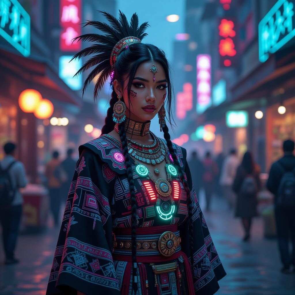Aztec Cyberpunk Shamaness in Neon Marketplace