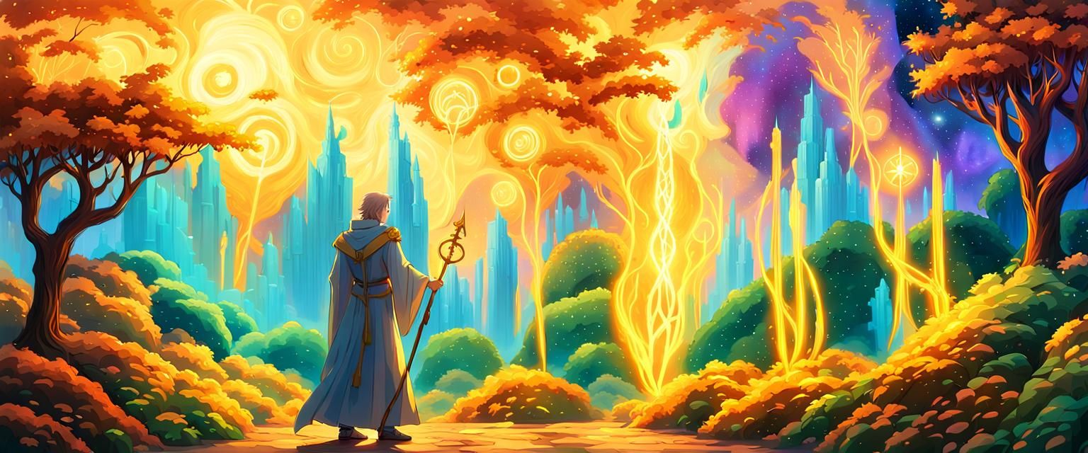 Anime Mage in Golden Garden: Triadic Oil Painting