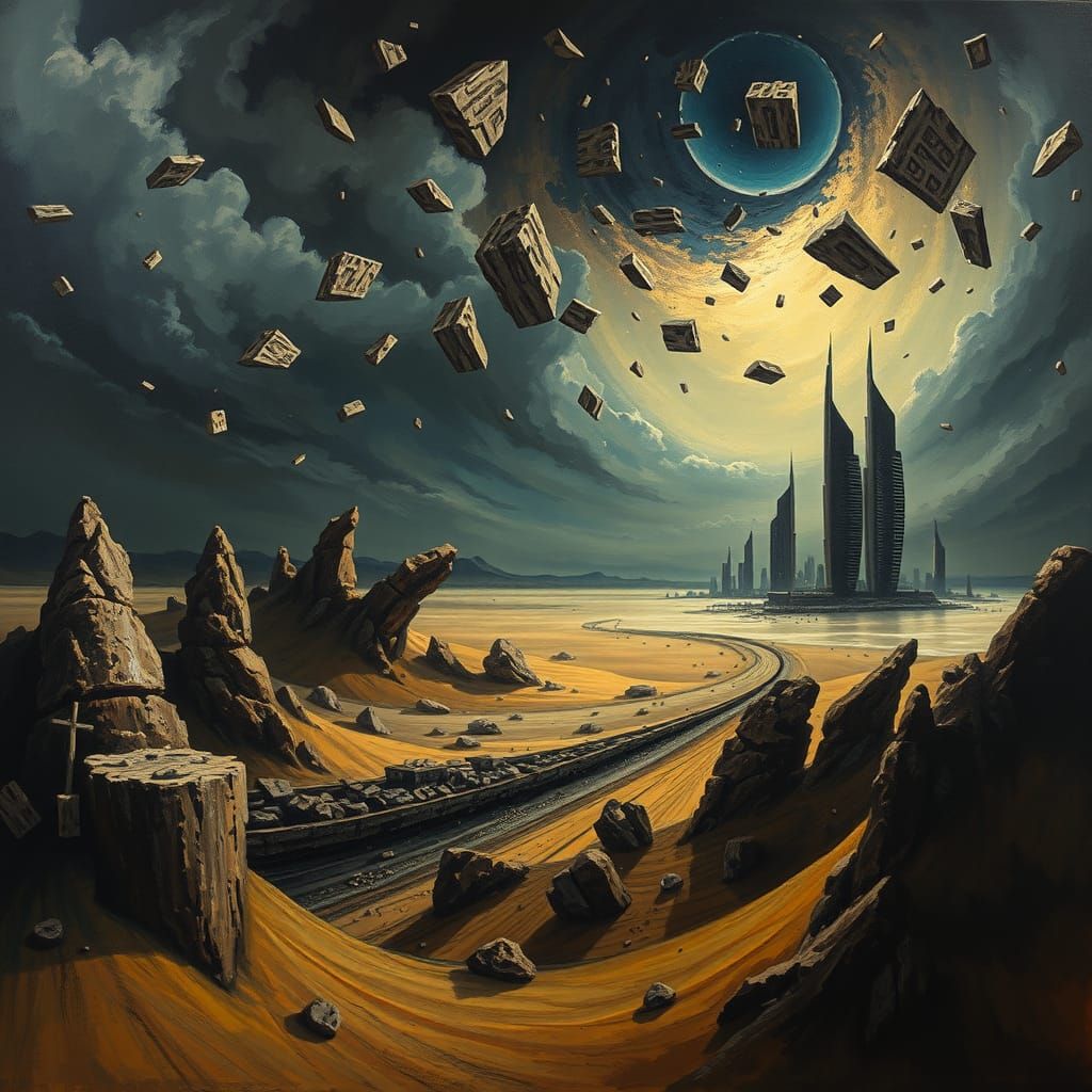 Shattered Sky over Dystopian City in Surreal Style