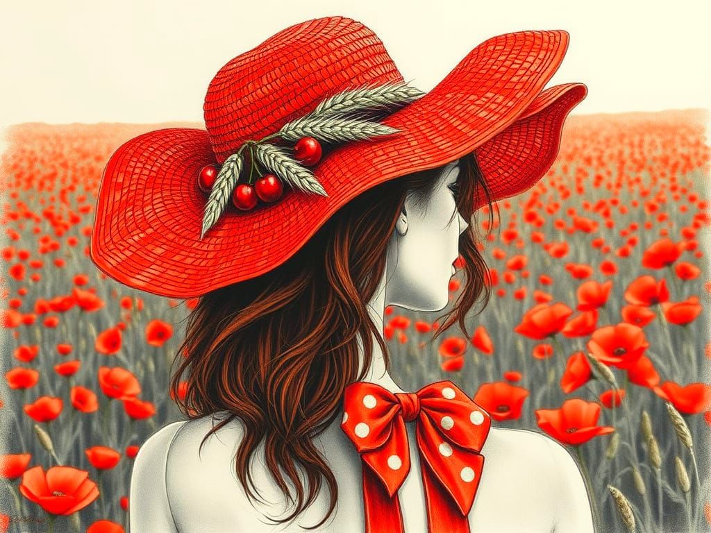 Woman in Fiery Red Hat: Detailed Charcoal Drawing