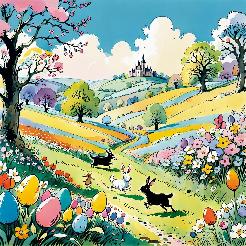 Easter Egg Hunt: Whimsical Illustration of Spring Animals