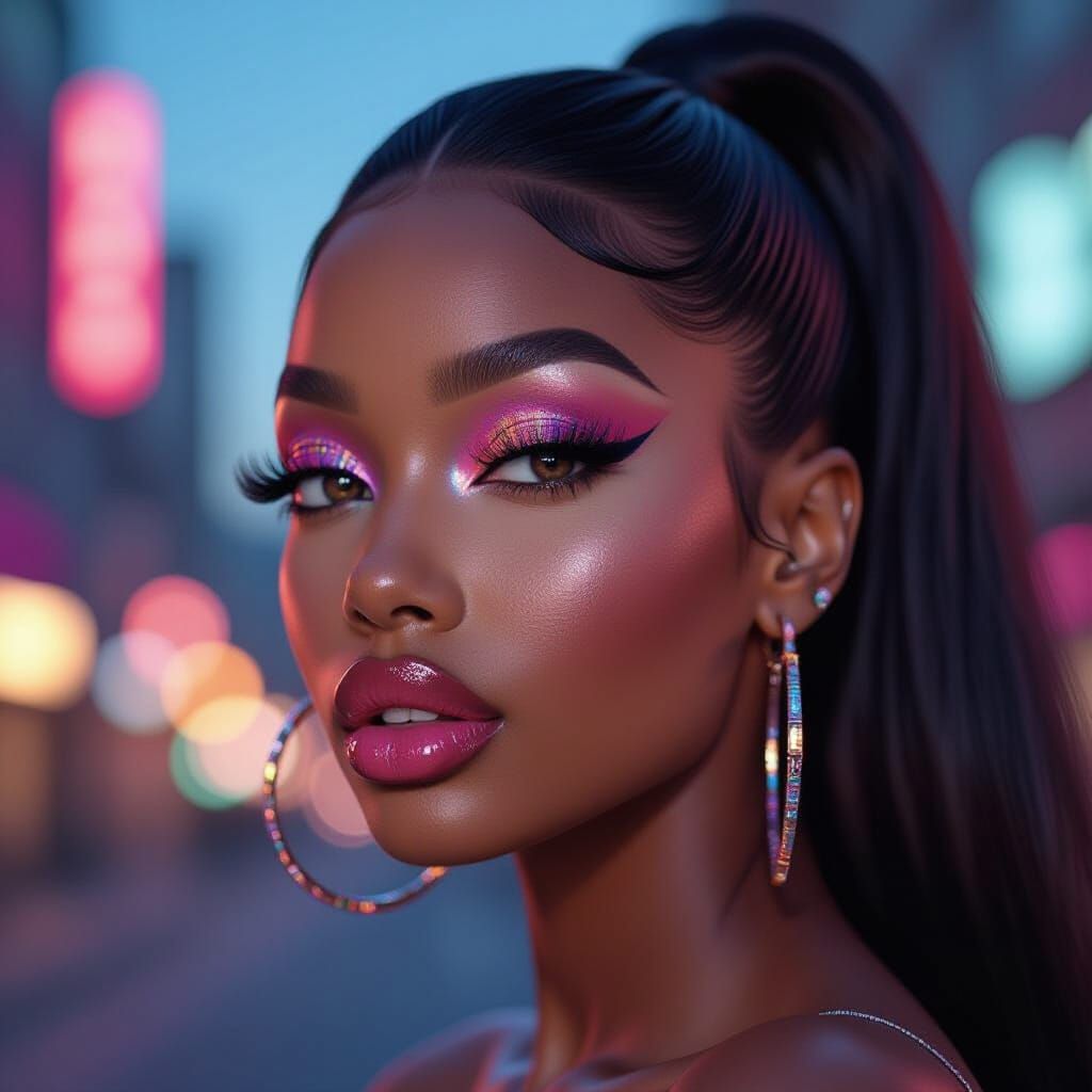 Beautiful Black Woman with Pink Lips and Glitter Eyeshadow