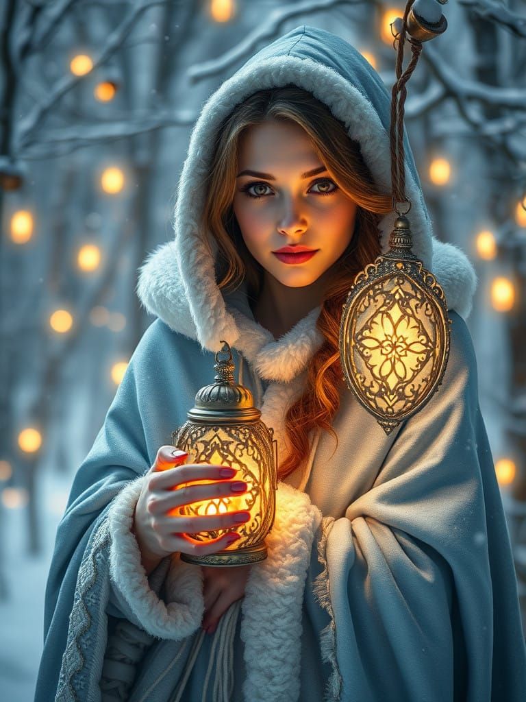 Enchanting Lady in Majestic Snow Cloak