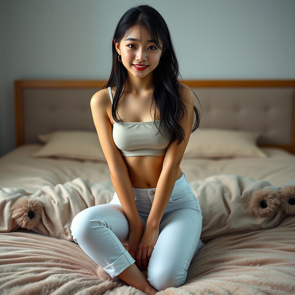 Hyper-Realistic Japanese Woman on Plush Bed