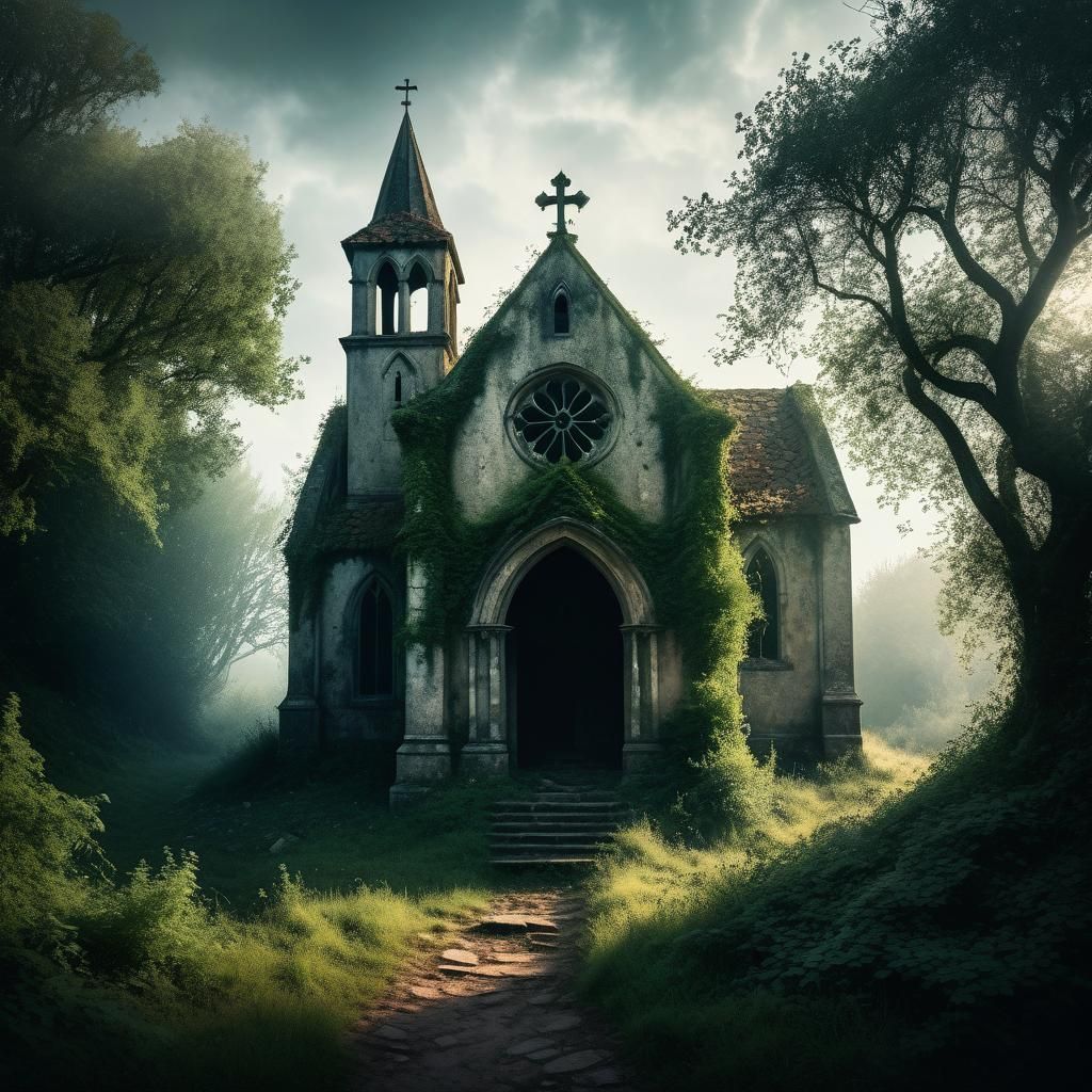 Mystical Abandoned Chapel on a Hill in Watercolor