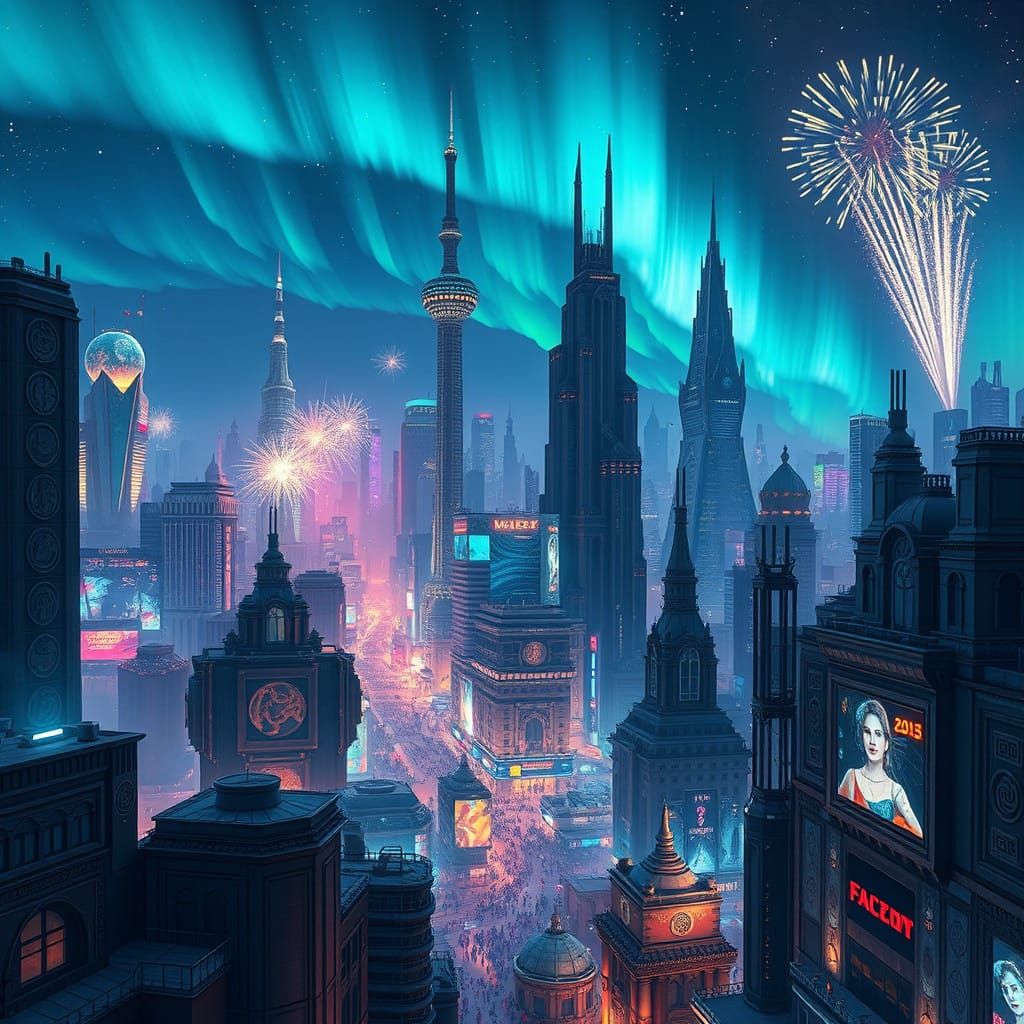 Futuristic Metropolis on New Year's Eve 3025