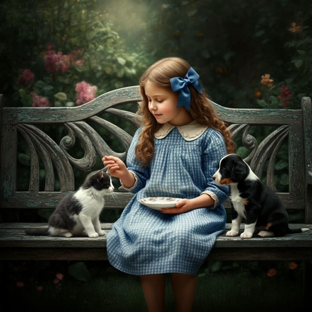 Vintage-Inspired Girl Feeds Kittens in a Lush Garden, in the...