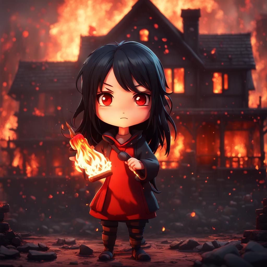 Chibi Anime Character in Front of Burning House
